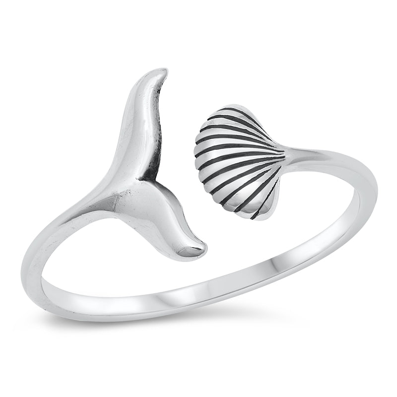925 Sterling Silver Mermaid Tail & Seashell Adjustable Ring