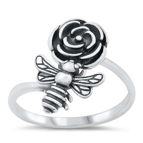 925 Sterling Silver Bee & Flower Ring