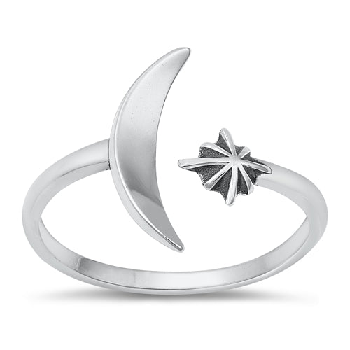 925 Sterling Silver Moon & Star Adjustsble Ring
