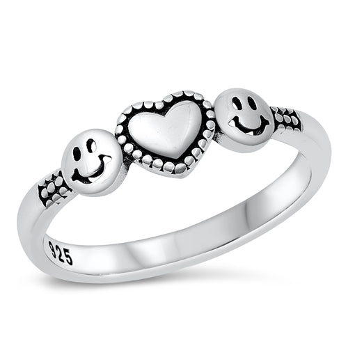 925 Sterling Silver Happy Faces & Heart Ring