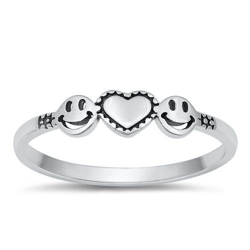 925 Sterling Silver Happy Face & Heart Ring