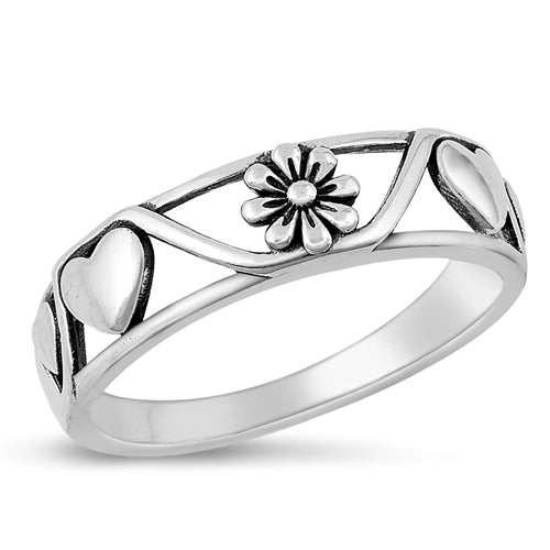 925 Sterling Silver Heart & Flower Ring