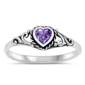 925 Sterling Silver Heart Amethyst CZ Ring