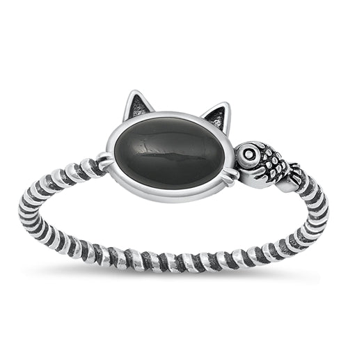 925 Sterling Silver Black Agate Cat & Fish Ring