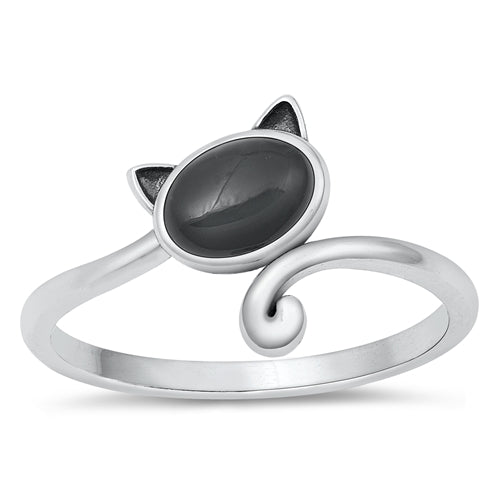 925 Sterling Silver Black Agate Cat Ring