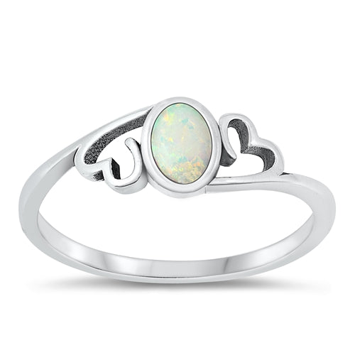 925 Sterling Silver White Opal Stone & Hearts Ring