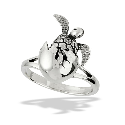 Sterling Silver Egg Ring With Hatching Turtle (Moves) - Nine Twenty Five Silver