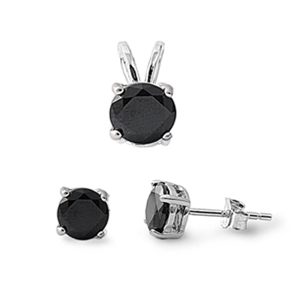 925 Sterling Silver Round Black CZ Pendant & Earrings Set