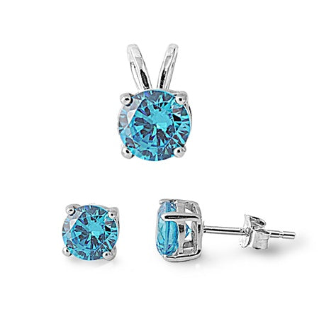 925 Sterling Silver Round Blue Topaz CZ Pendant & Earrings Set