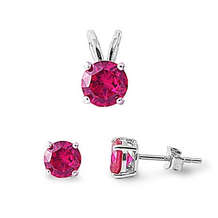 925 Sterling Silver Round Ruby CZ Pendant & Earrings Set