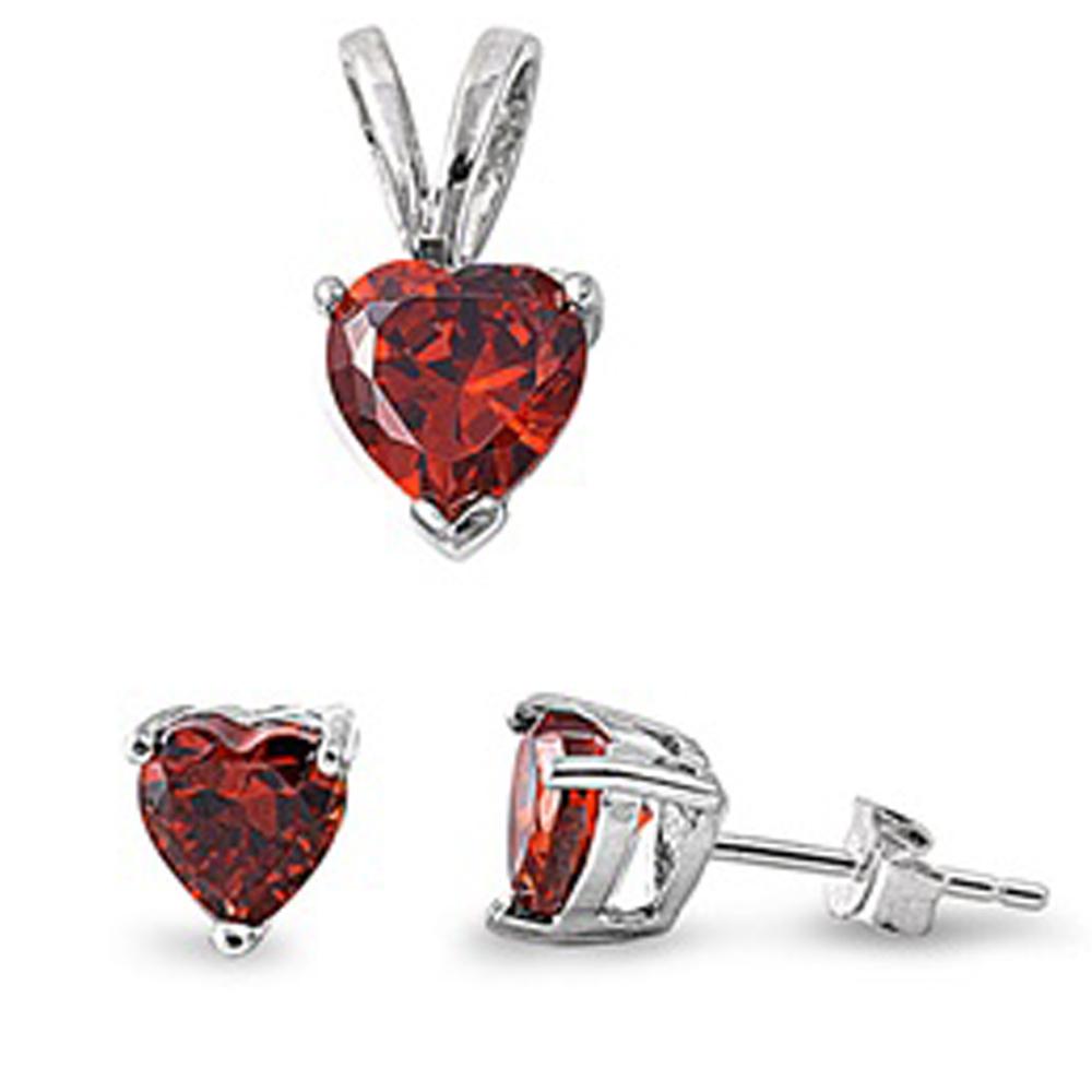 925 Sterling Silver Garnet CZ Heart Pendant & Earrings Set