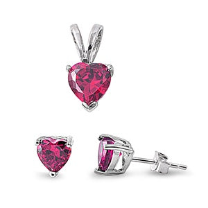 925 Sterling Silver Ruby CZ Heart Pendant & Earrings Set