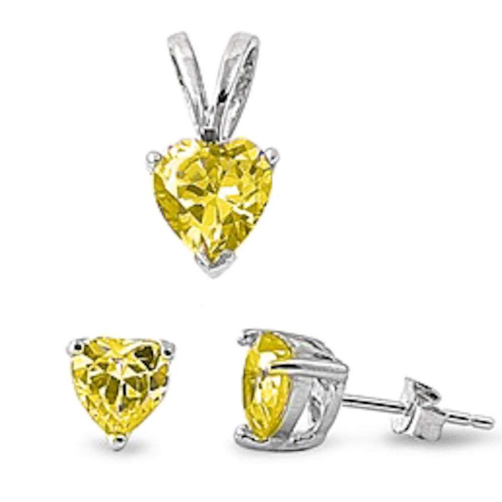 925 Sterling Silver Yellow Topaz CZ Heart Pendant & Earrings Set