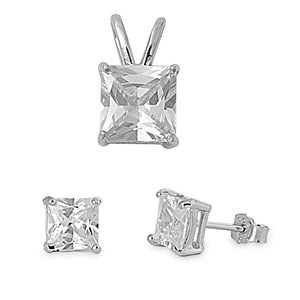 925 Sterling Silver Square Clear CZ Pendant & Earrings Set