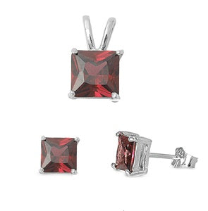 925 Sterling Silver Square Garnet CZ Pendant & Earrings Set