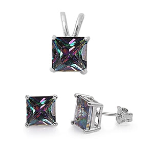 925 Sterling Silver Square Rainbow CZ Pendant & Earrings Set