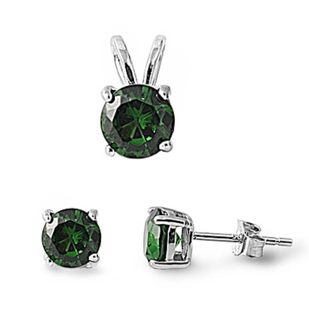 925 Sterling Silver Round Emerald CZ Pendant & Earrings Set