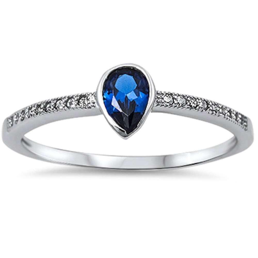 Pear Shape Blue Sapphire & Cz 925 Sterling Silver Ring