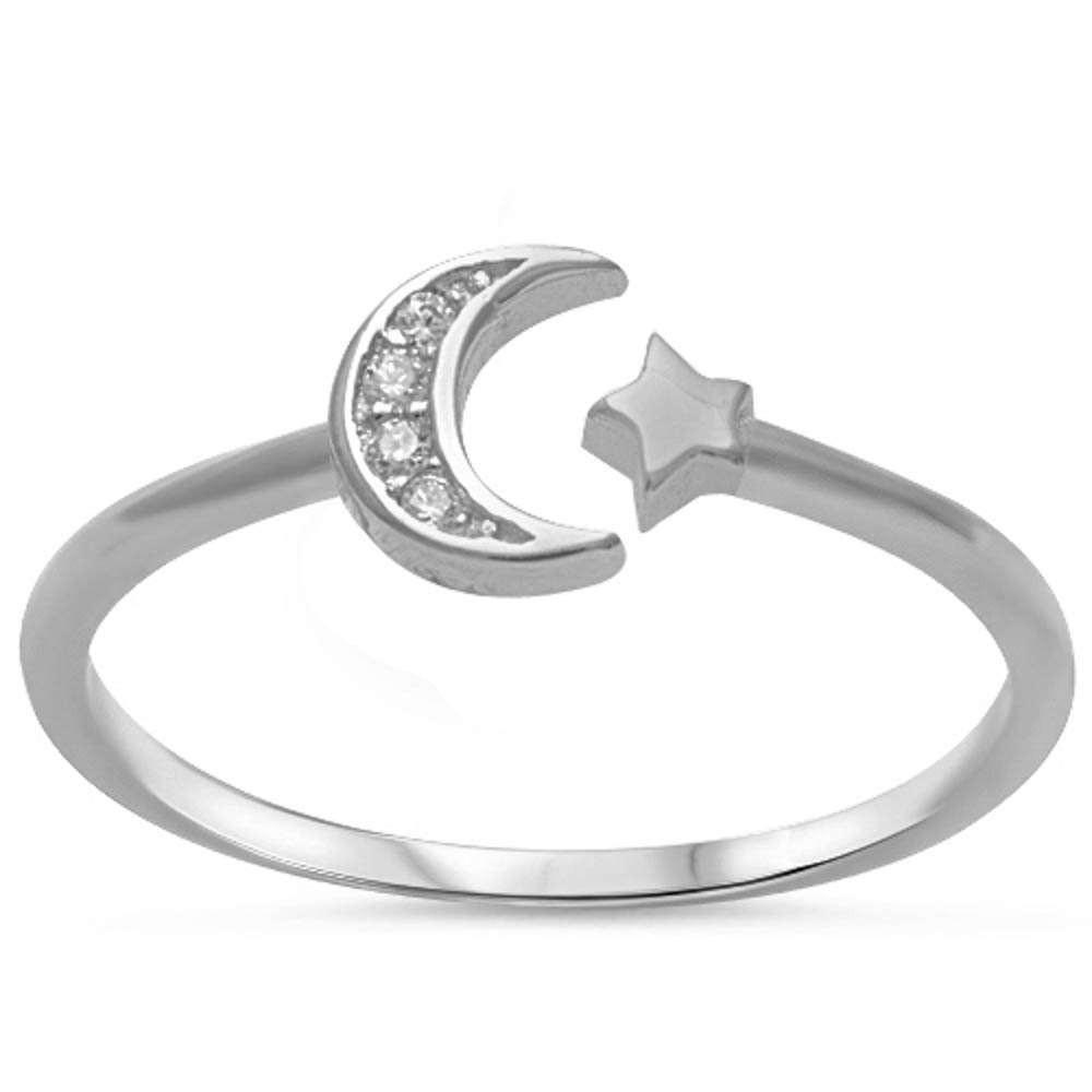 Cz Crescenet Moon & Star 925 Sterling Silver Ring - Nine Twenty Five Silver