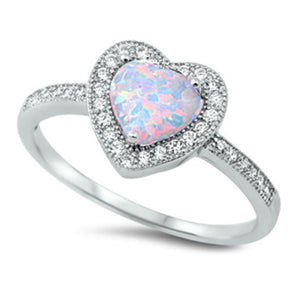 925 Sterling Silver White Opal Halo Heart CZ Ring