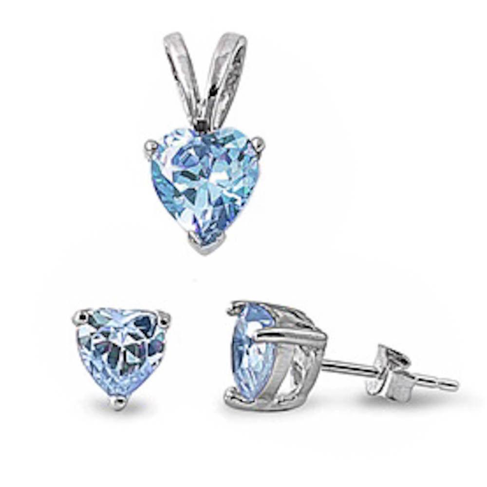 925 Sterling Silver Aquamarine CZ Heart Pendant & Earrings Set