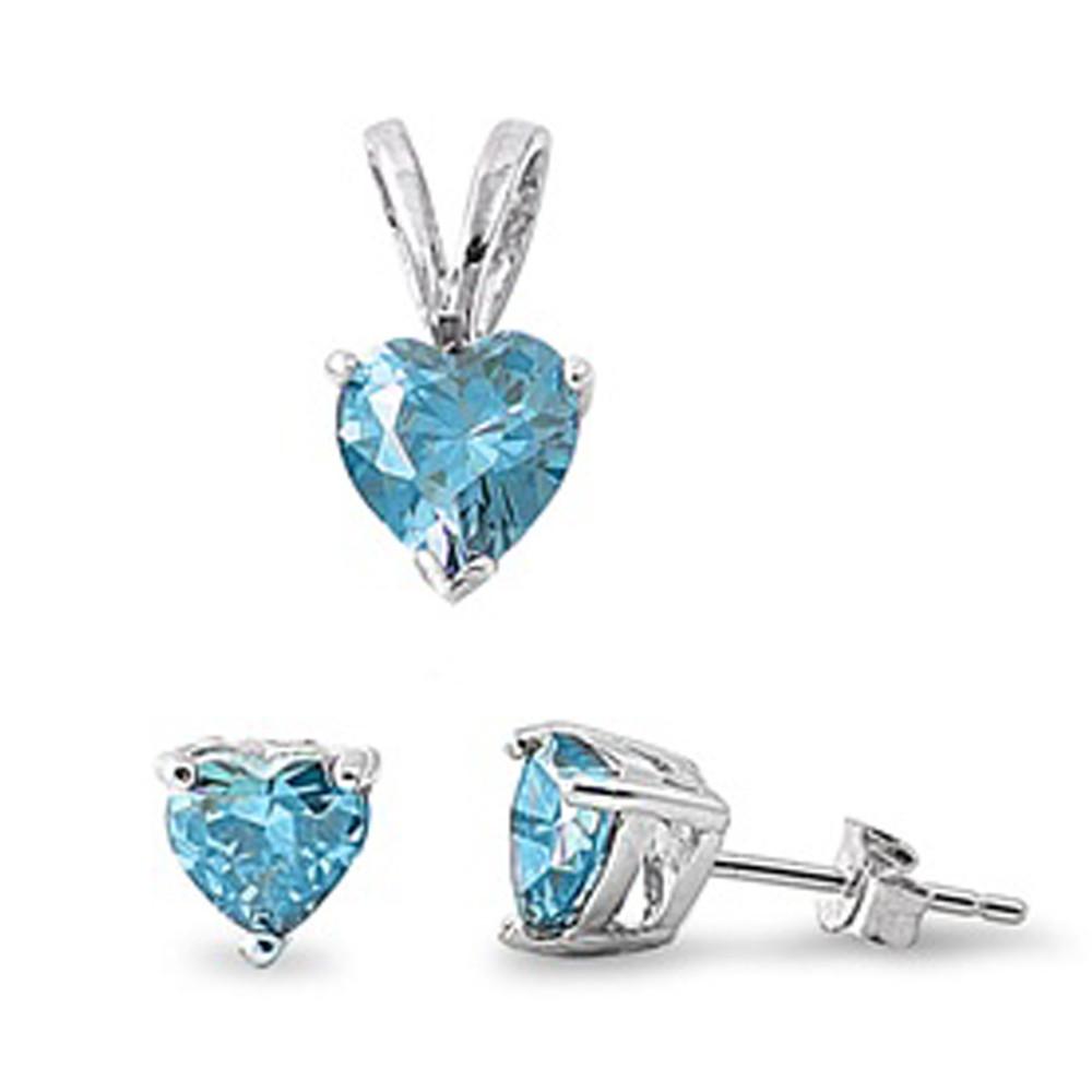 925 Sterling Silver Blue Topaz CZ Heart Pendant & Earrings Set
