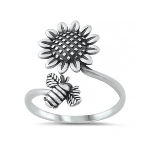 925 Sterling Silver Sunflower & Bee Adjustable Ring
