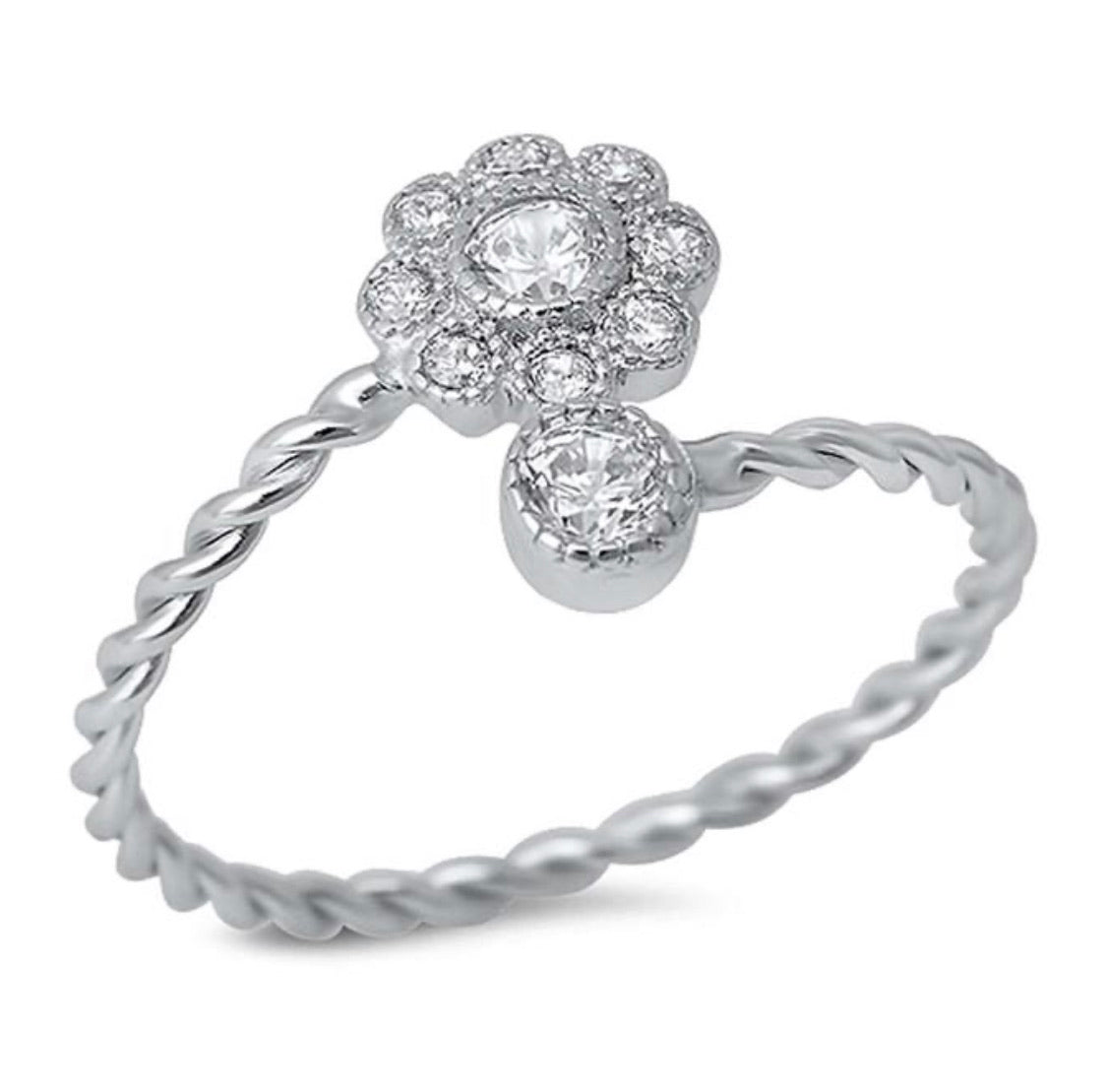 Cubic Zirconia Flower Twisted Band 925 Sterling Silver Ring