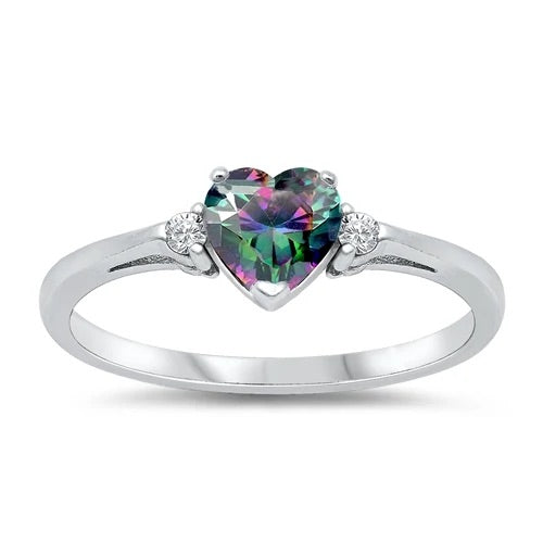 Rainbow Cz Heart & White Cz 925 Sterling Silver Ring