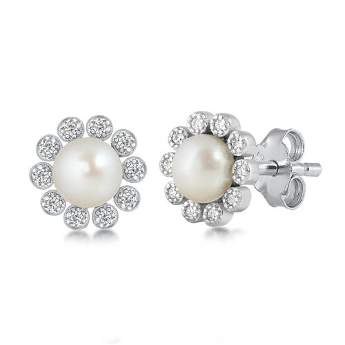925 Sterling Silver CZ Flower Pearl Earrings