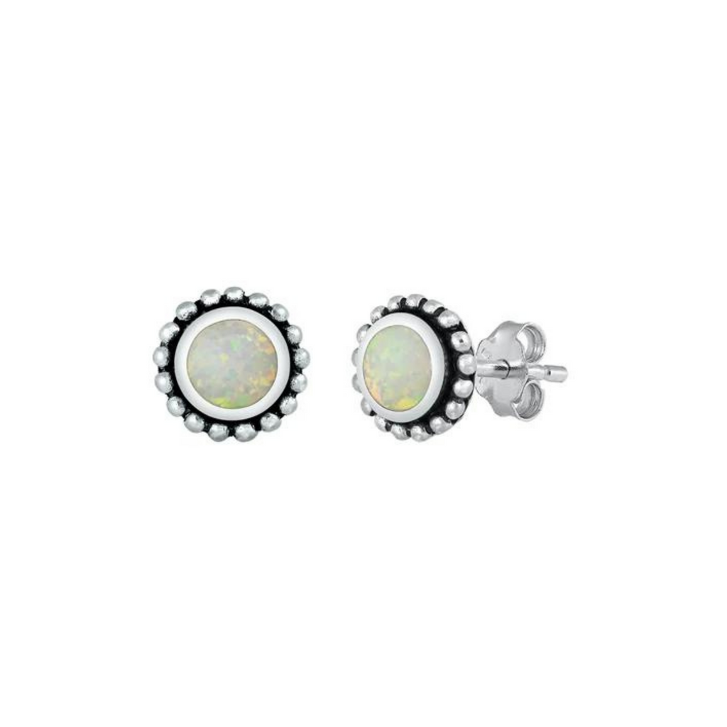 925 Sterling Silver Lab White Opal Bali Studs Earrings