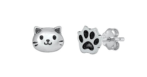 925 Silver Kitty Cat & Paw Print Earrings