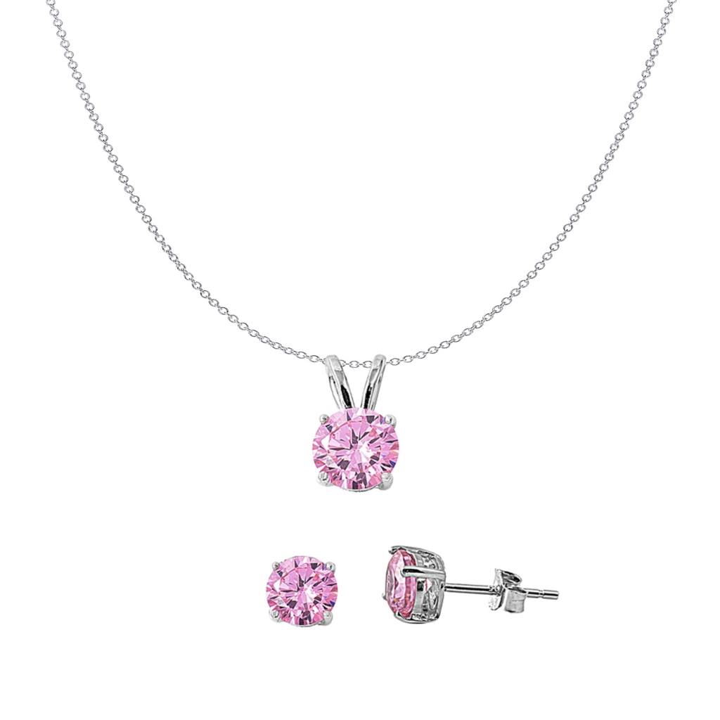925 Sterling Silver Round Pink CZ Pendant & Earrings Set