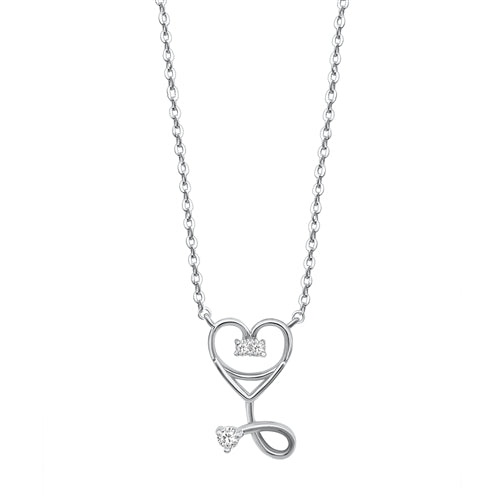 925 Sterling Silver Heart Stethoscope CZ Necklace
