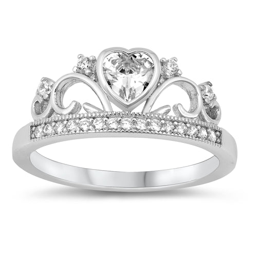 925 Sterling Silver Clear Heart & CZ Crown Ring