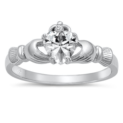 Clear CZ Heart Claddagh Ring 925 Sterling Silver