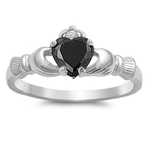 Black CZ Heart Claddagh Ring 925 Sterling Silver
