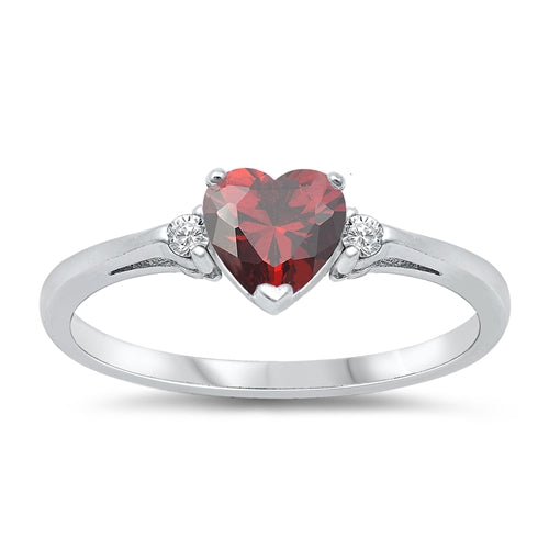 925 Sterling Silver Red Garnet Heart & CZ Ring