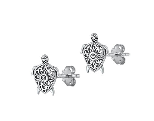 925 Sterling Silver Turtle Mandala Stud Earrings