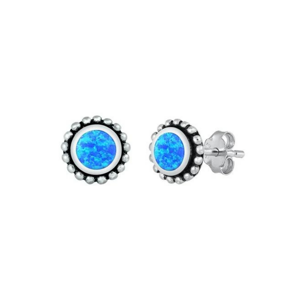925 Sterling Silver Lab Blue Opal Bali Studs Earrings