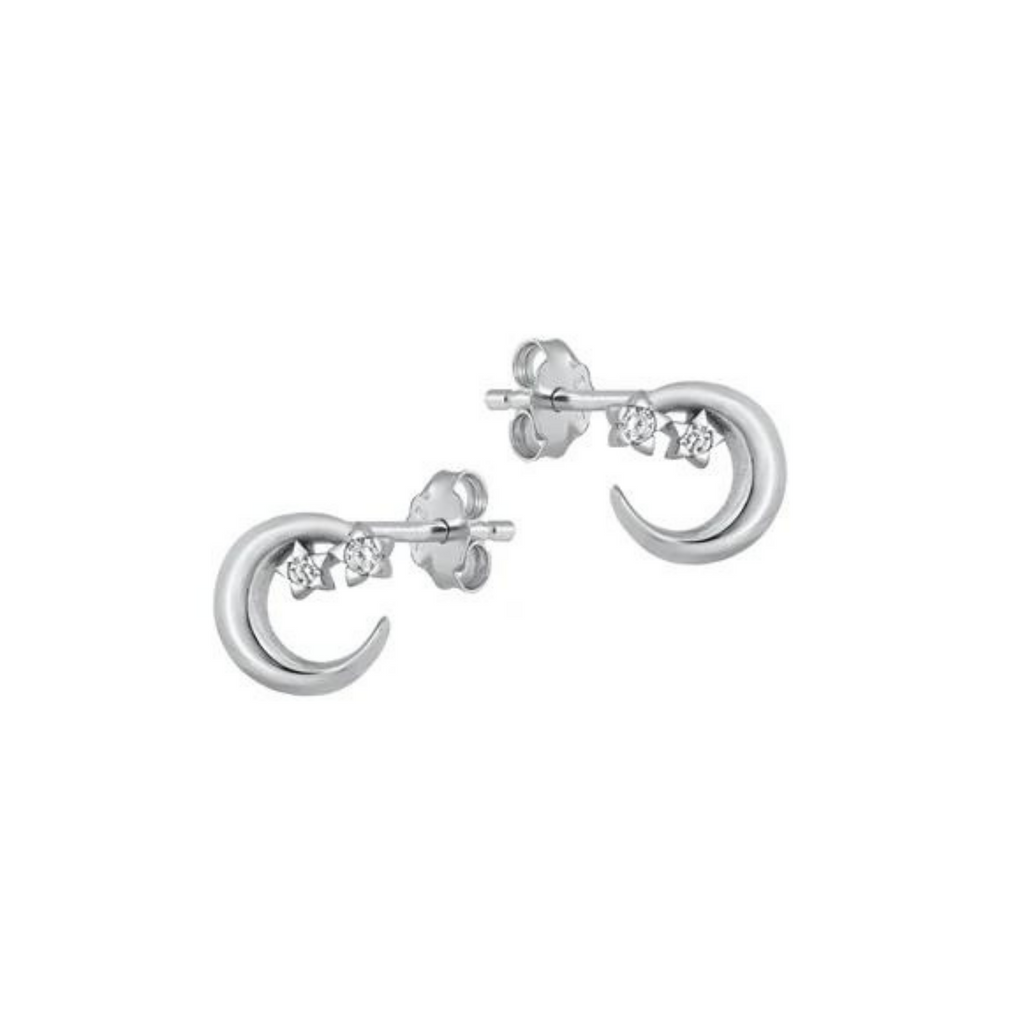 925 Sterling Silver Crescent Moon & Stars CZ Earrings