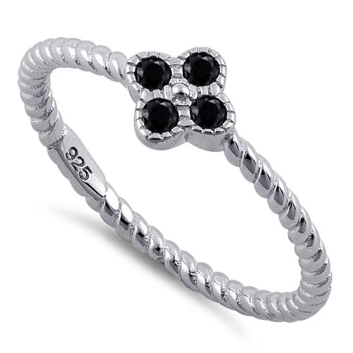 925 Sterling Silver Rope Flower Black CZ Ring